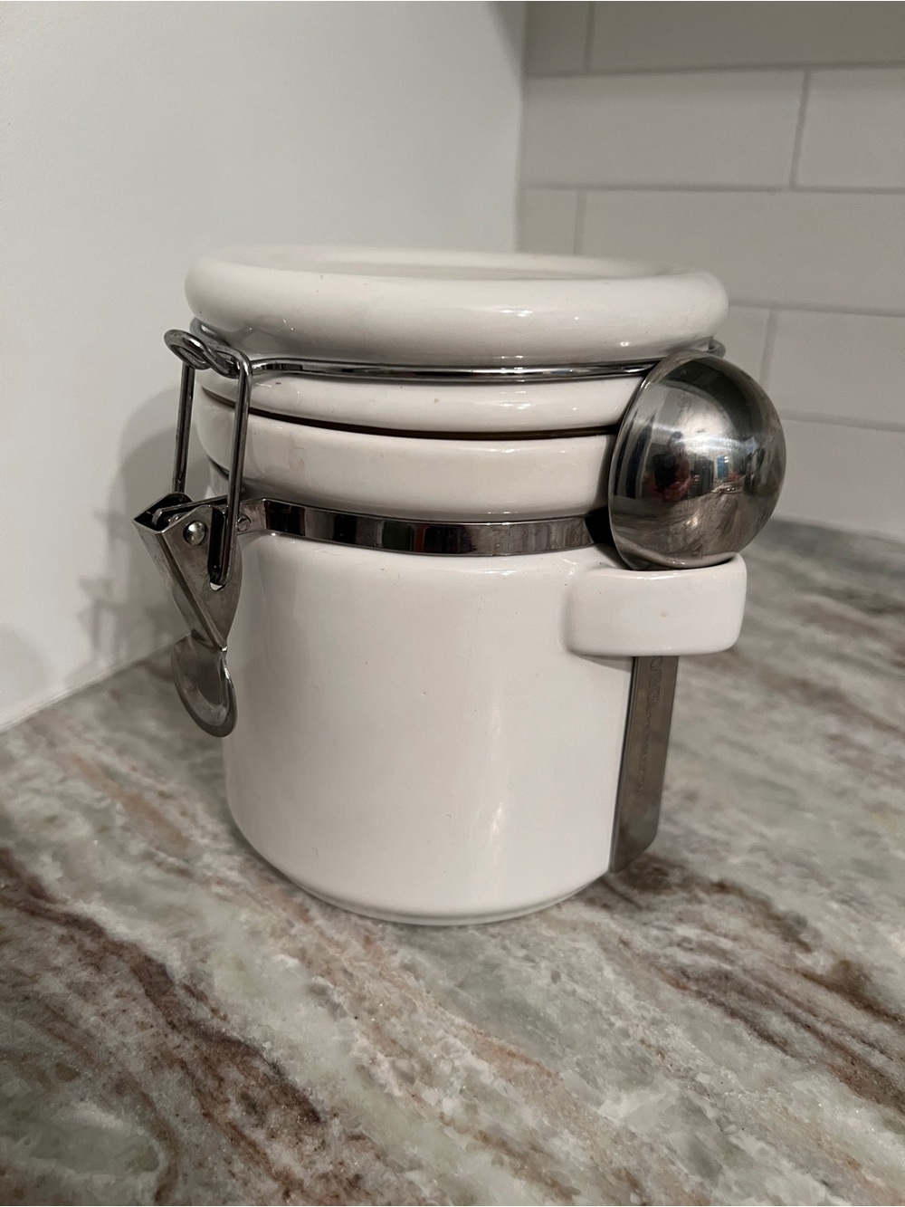 White Ceramic Airtight Storage Jar with Stainless Steel Scoop
